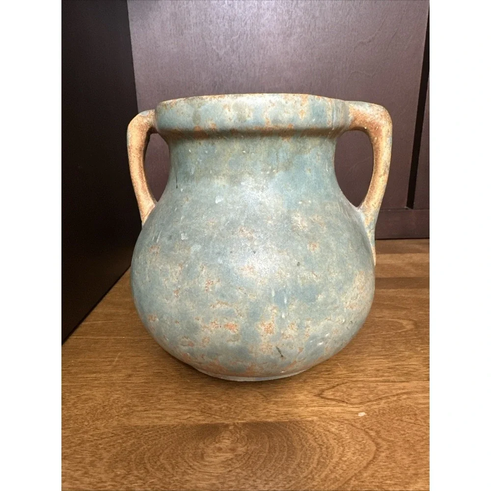 Burley Winter Pottery Vase Green Mottled Glaze Double Handle Antique 1930's #54